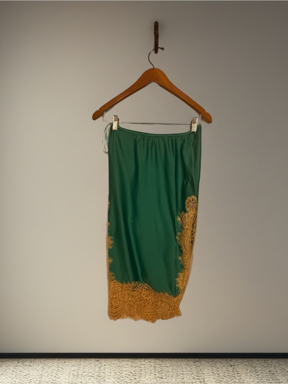 Anthropologie Teal Satin Slip Skirt with Gold Lace Detail
